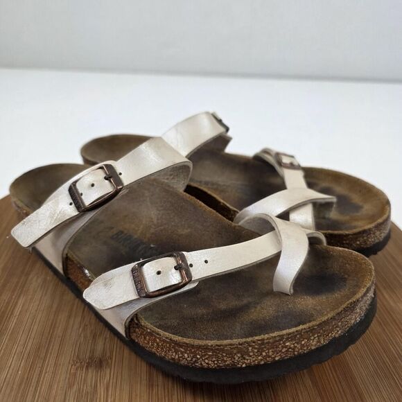 Birkenstock Mayari Shoes Womens Size 38 US 7 Sandals Silver Leather Cork Comfort - Picture 5 of 11